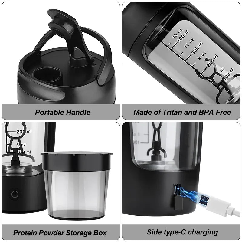 650ml Rechargeable USB Electric Portable Whey Protein Shaker Bottle - Fully Automatic Mixing Cup for Gym Use, BPA-Free Cocktail Blender